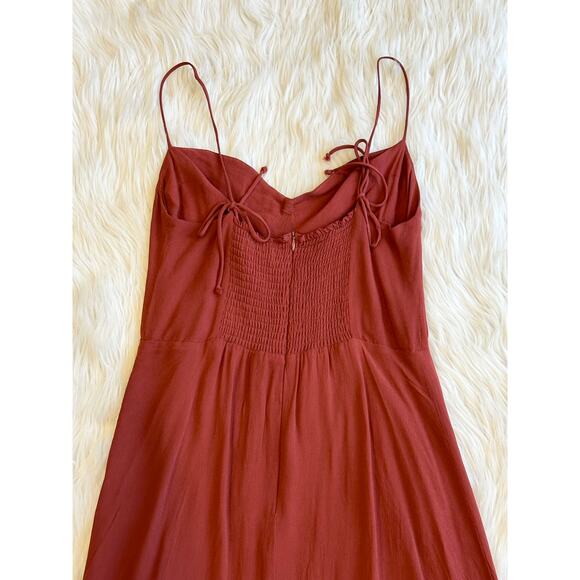REVOLVE OPT Sweetheart Midi Dress Tie Shoulder Slit Chiffon, Rust - Picture 8 of 11